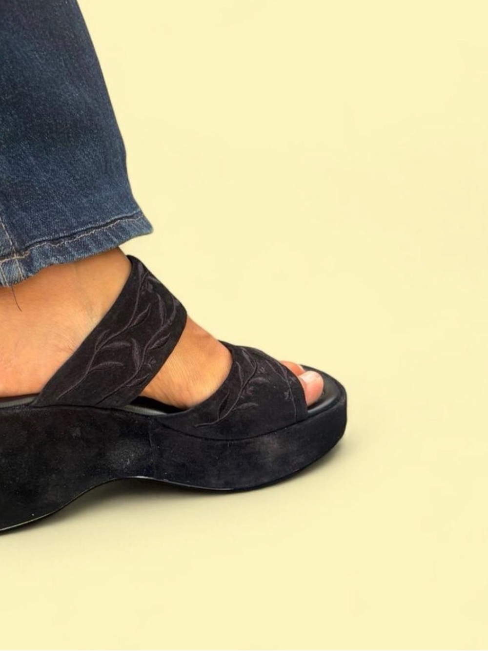 Deadstock 90s suede platform sandal with leaf embroidery by MIA in size 7.5